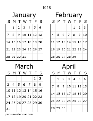 1016 Three Page Yearly Calendar | Four months per page