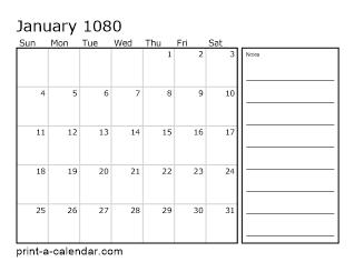 1080 Monthly Calendar with Notes