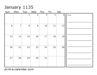 1135 Monthly Calendar with Notes
