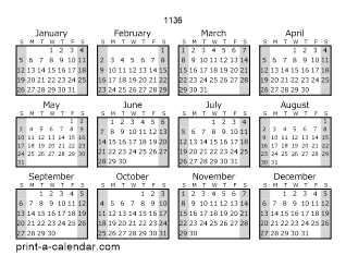1136 Yearly Calendar (Style 1)