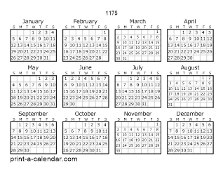 1175 Yearly Calendar | One page Calendar