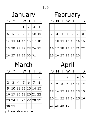 155 Three Page Yearly Calendar | Four months per page
