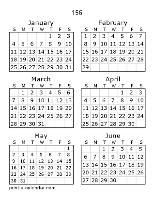 156 Two Page Yearly Calendar | Six months per page