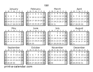 1581 Yearly Calendar (Style 1)
