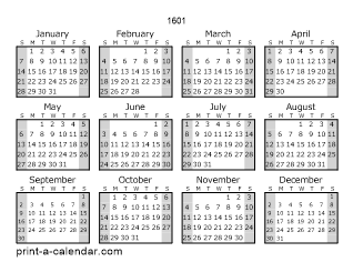 1601 Yearly Calendar (Style 1)