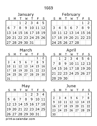 1669 Two Page Yearly Calendar | Six months per page