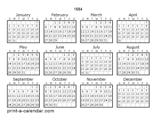 1684 Yearly Calendar | One page Calendar