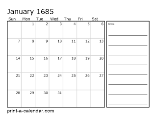 1685 Monthly Calendar with Notes