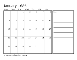 1686 Monthly Calendar with Notes