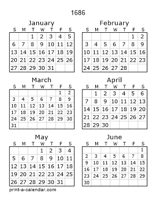 1686 Two Page Yearly Calendar | Six months per page