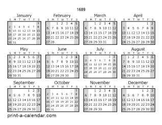 1689 Yearly Calendar (Style 1)