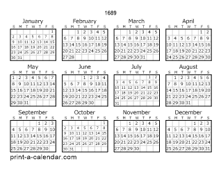 1689 Yearly Calendar | One page Calendar