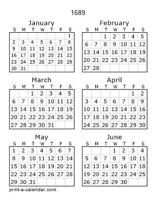 1689 Two Page Yearly Calendar | Six months per page