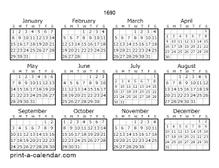 1690 Yearly Calendar | One page Calendar