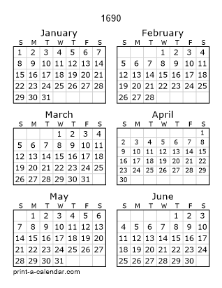 1690 Two Page Yearly Calendar | Six months per page