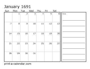 1691 Monthly Calendar with Notes