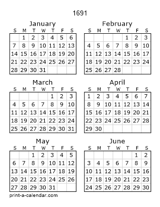 1691 Two Page Yearly Calendar | Six months per page