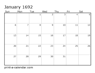 1692 Monthly Calendar