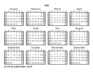 1692 Yearly Calendar (Style 1)