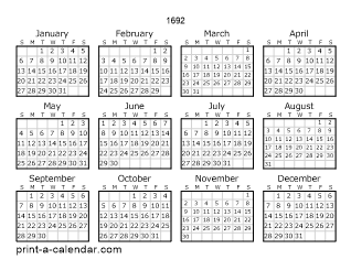 1692 Yearly Calendar | One page Calendar