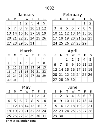 1692 Two Page Yearly Calendar | Six months per page