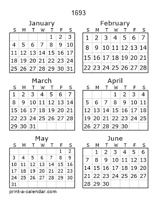 1693 Two Page Yearly Calendar | Six months per page