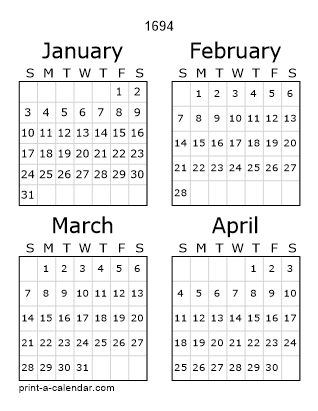 1694 Three Page Yearly Calendar | Four months per page