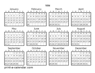 1694 Yearly Calendar | One page Calendar