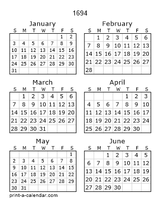 1694 Two Page Yearly Calendar | Six months per page