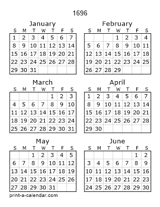 1696 Two Page Yearly Calendar | Six months per page