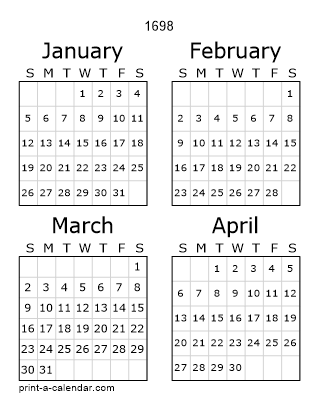 1698 Three Page Yearly Calendar | Four months per page