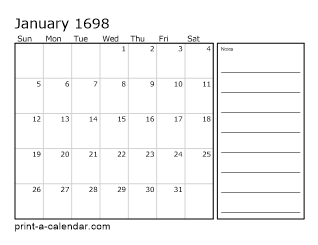 1698 Monthly Calendar with Notes