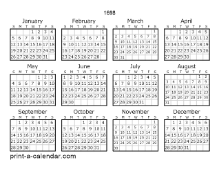 1698 Yearly Calendar | One page Calendar