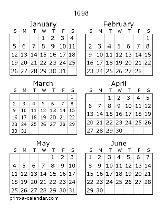 1698 Two Page Yearly Calendar | Six months per page