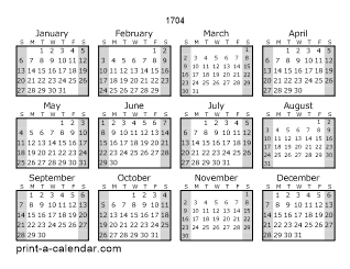 1704 Yearly Calendar (Style 1)