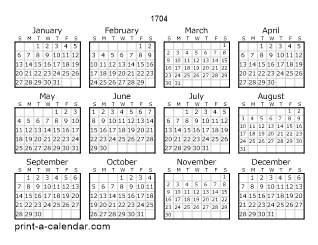 1704 Yearly Calendar | One page Calendar