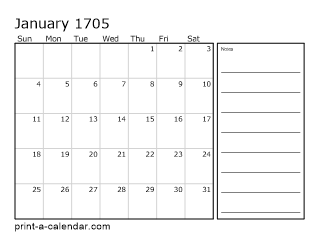 1705 Monthly Calendar with Notes