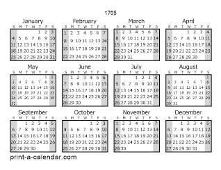 1705 Yearly Calendar (Style 1)