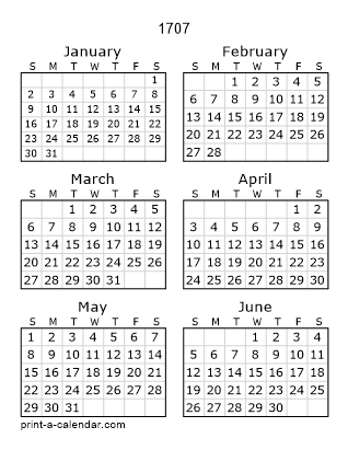 1707 Two Page Yearly Calendar | Six months per page