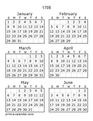 1708 Two Page Yearly Calendar | Six months per page