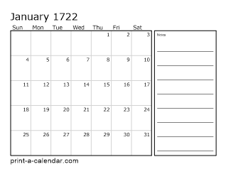 1722 Monthly Calendar with Notes