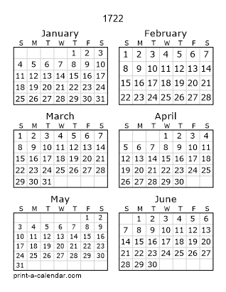 1722 Two Page Yearly Calendar | Six months per page