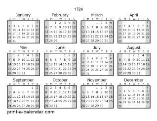 1724 Yearly Calendar (Style 1)