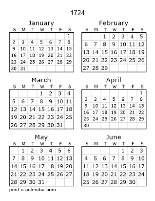 1724 Two Page Yearly Calendar | Six months per page