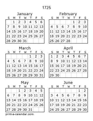 1725 Two Page Yearly Calendar | Six months per page