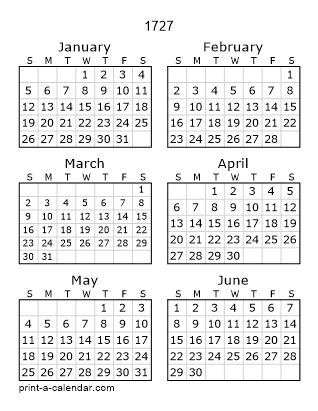 1727 Two Page Yearly Calendar | Six months per page