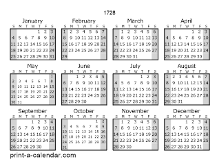 1728 Yearly Calendar (Style 1)