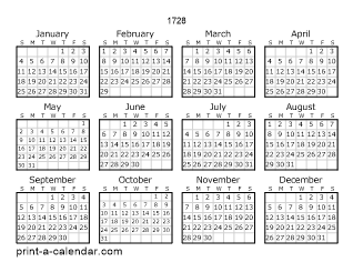 1728 Yearly Calendar | One page Calendar