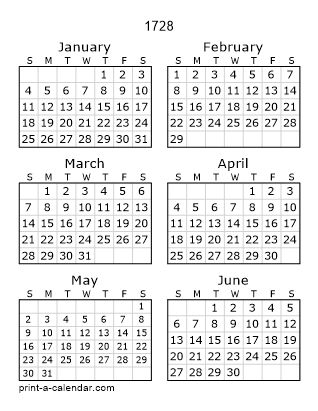 1728 Two Page Yearly Calendar | Six months per page