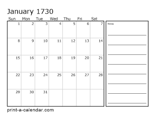 1730 Monthly Calendar with Notes